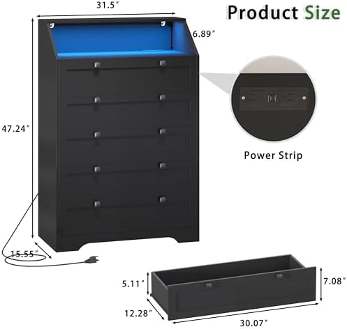Black Dresser Tall 5 Drawer Dresser for Bedroom, Wood Chest of Drawers with LED Lights, Charging Station, Metal Handles, Modern Storage Cabinet and Organizer Drawers for Living Room, Hallway