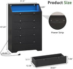 Black Dresser Tall 5 Drawer Dresser for Bedroom, Wood Chest of Drawers with LED Lights, Charging Station, Metal Handles, Modern Storage Cabinet and Organizer Drawers for Living Room, Hallway
