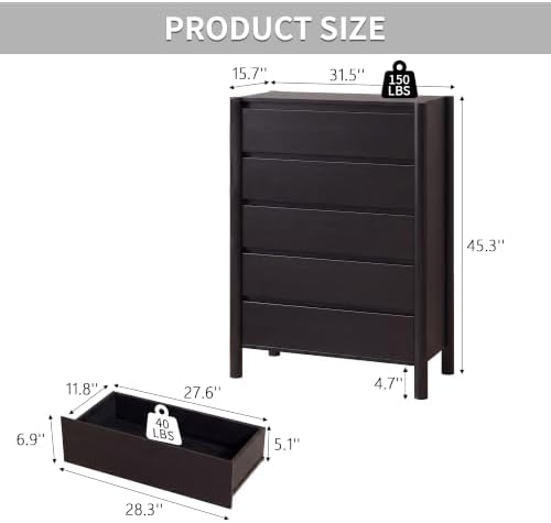 CHUWELL 45" Tall Black 5 Drawer Dresser for Bedroom with Solid Wood Legs