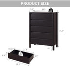 CHUWELL 45" Tall Black 5 Drawer Dresser for Bedroom with Solid Wood Legs