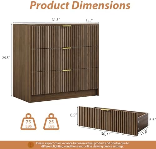 MAISONARIA Fluted Dresser for Bedroom, 32 Inch Wide Nightstand with Large Drawer, 3 Drawer End Table for Bedroom, Living Rooms, Offices, and Entryways, Walnut