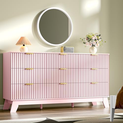 HUANLEGO Fluted Dresser for Bedroom with 9 Drawers, Pink