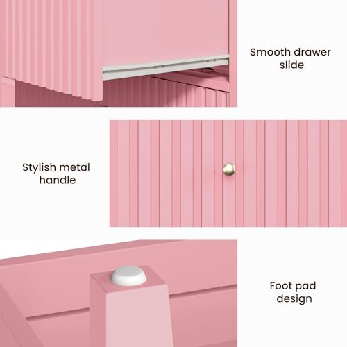 RoyalCraft 32" Large Nightstand Set of 2, Fluted Painted Wood Dresser with 3 Spacious Drawers, Modern Bedside Table for Bedroom, Living Room, Pink