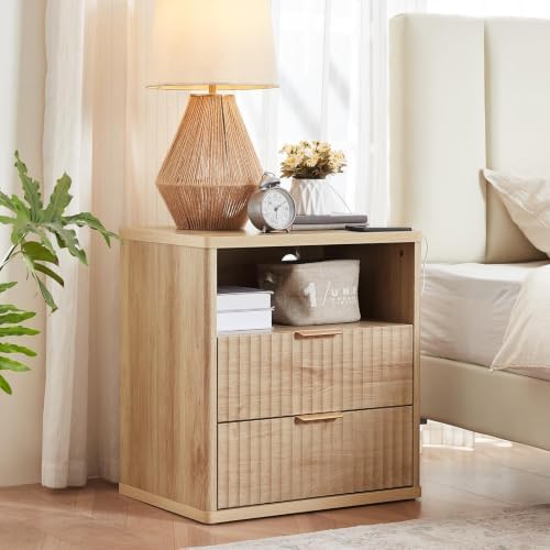 LEYAOYAO Fluted Nightstand Set of 2 with Charging Station,23" Modern Nightstand with Wood Grain Top, 2 Drawer End Table w/Storage, BedsideTable for Bedroom, Living Room, Natural