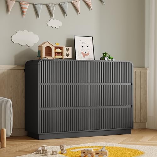 BORNOON Dresser for Bedroom with 6 Drawers, Fluted Chest of Drawers with Round Curved Corner, Hidden Handles, Modern Wood Storage Organizer for Bedroom, Nursery, Living Room