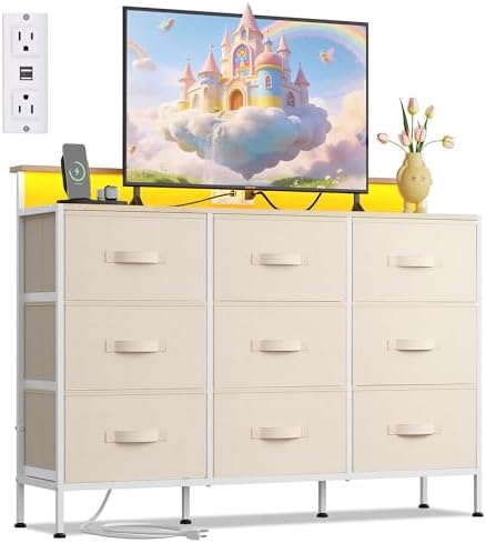 WLIVE Dresser TV Stand 9 Drawers, Fabric Chest of Drawers LED Lights, Cream