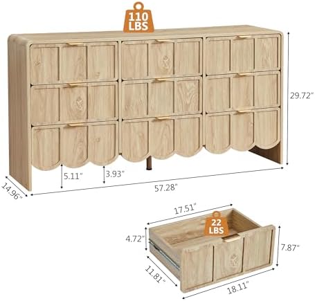 ORRD 9 Drawer Dresser for Bedroom, Modern Closet Chest of Drawers with Wave Fluted Drawer, Wood Storage Small Dresser Organizer for Nursery Bedroom Living Room Hallway Closet (Natural)