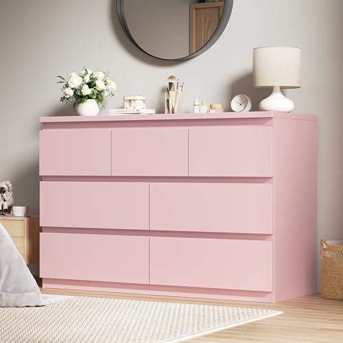 Modern 7 Drawer Dresser for Bedroom,Pink Wood Chest of Drawers,Closet Clothes Storage Organizer with Deep Drawers for Living Room Hallway Entryway,Nursery (15.3" D x 47.2" W x 32.3" H)