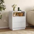 BORNOON Dresser with 2 Drawers and Charging Station, Fluted Bedside Table with Round Curved Corner, Hidden Handles, 2 AC Outlets and 2 USB Ports, Modern Wood End Table with Open Shelf for Bedroom