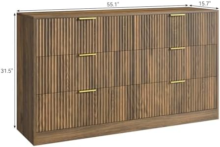 Walnut 6 Drawer Dresser for Bedroom, 55'' Wide Wood Chest of Drawers, Modern Fluted Bedroom Dressers with Drawers, Large Dresser TV Stand Mid Century Double Dresser for Living Room, Hallway