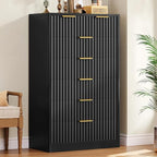 TEENOFN Fluted Dresser for Bedroom with 7 Drawers, 48" Tall Modern Chest of Drawers with Metal Handle, Wooden Dresser TV Stand, Wood Closet Clothes Storage Organizer for Living Room, Hallway, Black