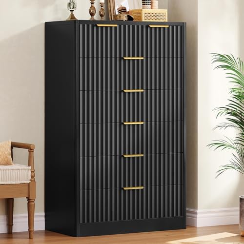 TEENOFN Fluted Dresser for Bedroom with 7 Drawers, 48" Tall Modern Chest of Drawers with Metal Handle, Wooden Dresser TV Stand, Wood Closet Clothes Storage Organizer for Living Room, Hallway, Black