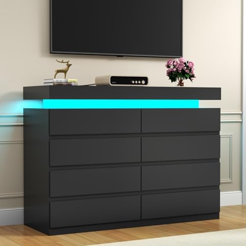 Gyfimoie 8 Drawer Dresser with Power Outlet, Modern Dresser with LED Light