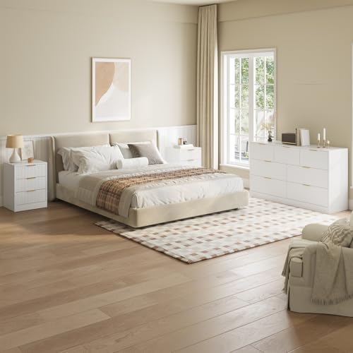 7 Drawer Dresser & 3-Drawer Nightstand Set 3-Piece, White丨Bedroom Dressers and Night Stand Set of 2, Fluted Modern Wood Chest of Drawers Storage Dressers Set for Bedroom