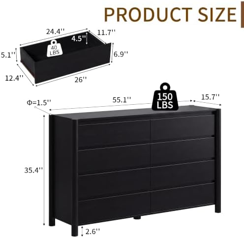 CHUWELL 55" Wide Black 8 Drawer Dresser for Bedroom with Solid Wood Legs