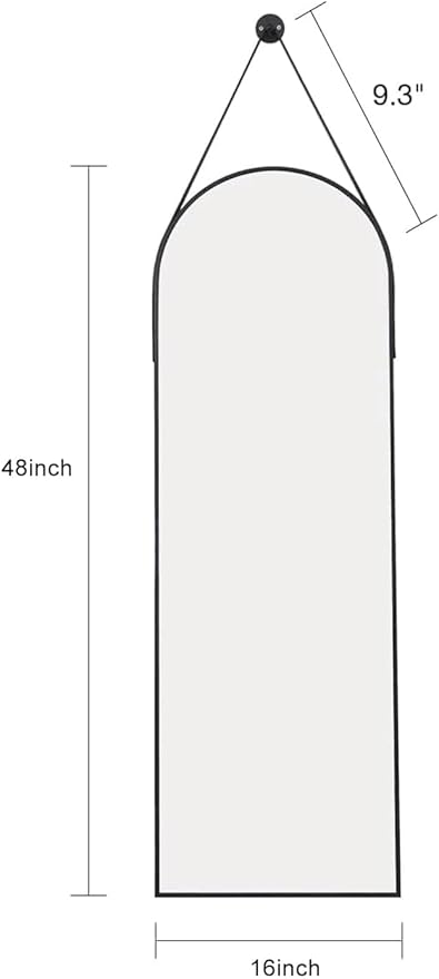 48"x16" Hanging Mirror with Leather Strap,Arched Full Length Mirror with Aluminum Frame Wall-Mounted Hanging Mirrors for Bathroom Vanity Living Room Bedroom Entryway Décor, Black