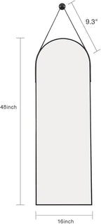 48"x16" Hanging Mirror with Leather Strap,Arched Full Length Mirror with Aluminum Frame Wall-Mounted Hanging Mirrors for Bathroom Vanity Living Room Bedroom Entryway Décor, Black