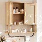 INNOD Rattan Bathroom Wall Cabinet with Towel Bar, Wall-Mounted Medicine Cabinet with Adjustable Wood Shelf & Doors, Over the Toilet Storage Cabinet for Laundry Room & Kitchen & Living Room