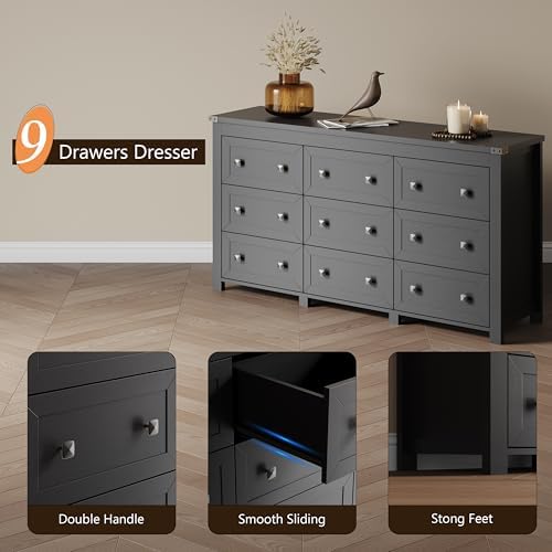 Xixini 59.1" Wide 9-Drawer Farmhouse Dresser for Bedroom, Black