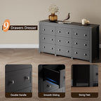 Xixini 59.1" Wide 9-Drawer Farmhouse Dresser for Bedroom, Black