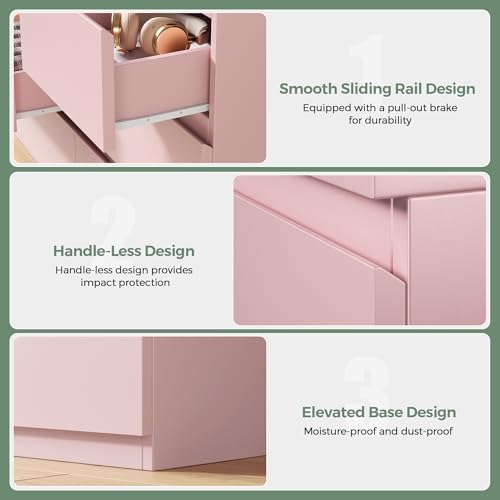 Modern 7 Drawer Dresser for Bedroom,Pink Wood Chest of Drawers,Closet Clothes Storage Organizer with Deep Drawers for Living Room Hallway Entryway,Nursery (15.3" D x 47.2" W x 32.3" H)