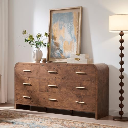 Curved Drawer Dresser for Bedroom with 9 Drawers, 63'' Wide Chest of Drawer