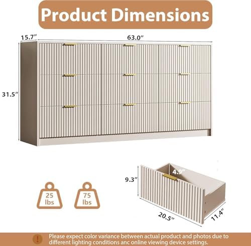 MAISONARIA Beige 9 Drawer Dresser for Bedroom, 63" Wide Modern Fluted Dresser with Gold Metal Handles, Chest of Drawers for Bedroom, Living Room, Entryway, Hallway