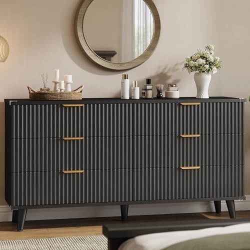 Wood Tall 6 Drawers Dresser, 53.2" W Fluted Modern Dressers for Bedroom