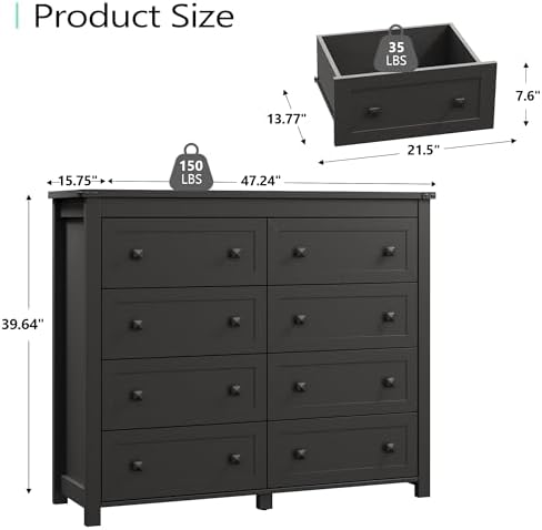 Xixini 47.2" Wide 8-Drawer Farmhouse Dresser for Bedroom, Black