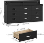 Bigbiglife 9 Drawer Dresser with Built in Power Outlet and LED Light, Modern Chest of Drawers for Bedroom, Triple Wide Drawer Organizer Cabinet for Living Room, Entryway, Hallway, Black