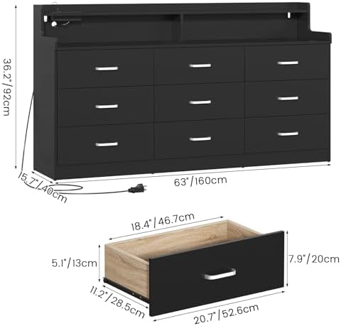 Bigbiglife 9 Drawer Dresser with Built in Power Outlet and LED Light, Modern Chest of Drawers for Bedroom, Triple Wide Drawer Organizer Cabinet for Living Room, Entryway, Hallway, Black