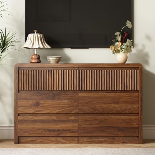 LYNSOM Walnut Fluted 6 Drawer Dresser for Bedroom, Curved Edge, 50" Wide