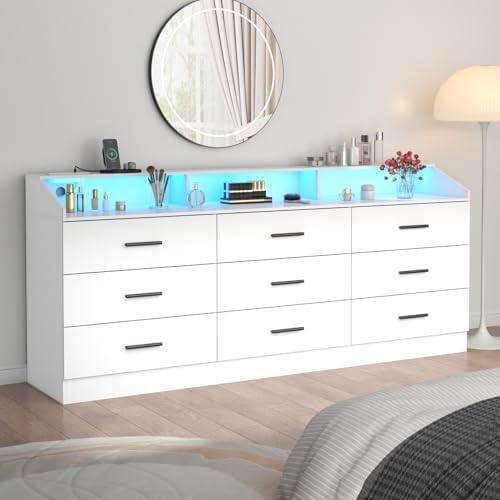9 Drawers Dresser for Bedroom with Power Outlet,Modern Dresser w/ LED Light