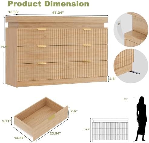 Fluted 6 Drawer Dresser LED Lights & Charging Station, Natural Oak