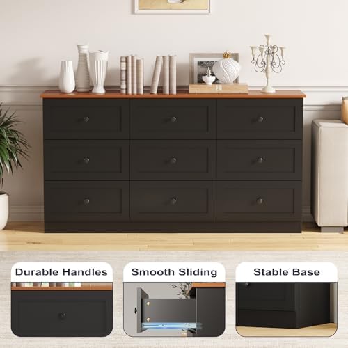 Furnify 9 Drawer Dresser, 59" Wide Dresser for Bedroom, Black