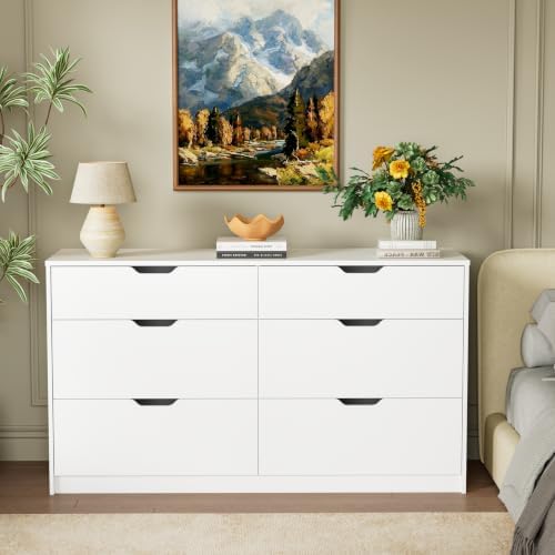 YESHOMY Dresser for Bedroom, 47.2" Modern Wood Chest with 6 Drawers, White