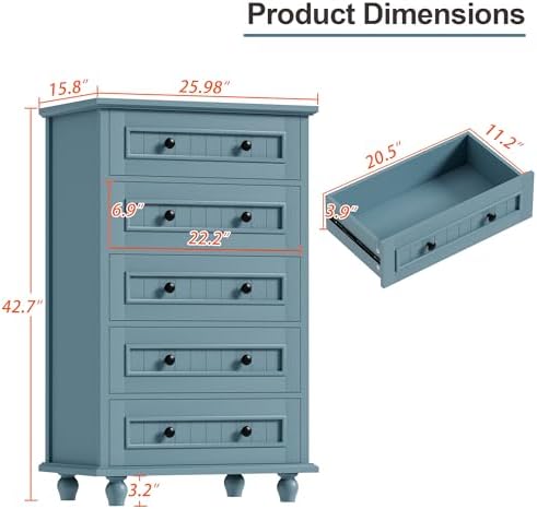 42.7'' Tall 5 Drawer Dresser for Bedroom, Vintage Blue Wood Storage Chest