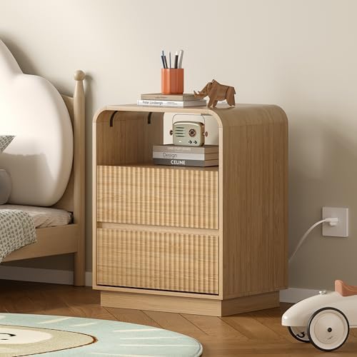 BORNOON Dresser with 2 Drawers and Charging Station, Fluted Bedside Table with Round Curved Corner, Hidden Handles, 2 AC Outlets and 2 USB Ports, Modern Wood End Table with Open Shelf for Bedroom