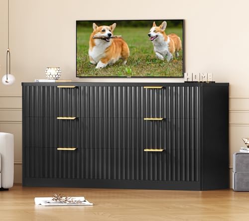 TEENFON Fluted 6 Drawer Dresser for Bedroom, Wide Modern Chest of Drawers with Metal Handle, Curved Profile Design, Wood Closet Clothes Storage Organizer for Bedroom, Living Room, Hallway, Black