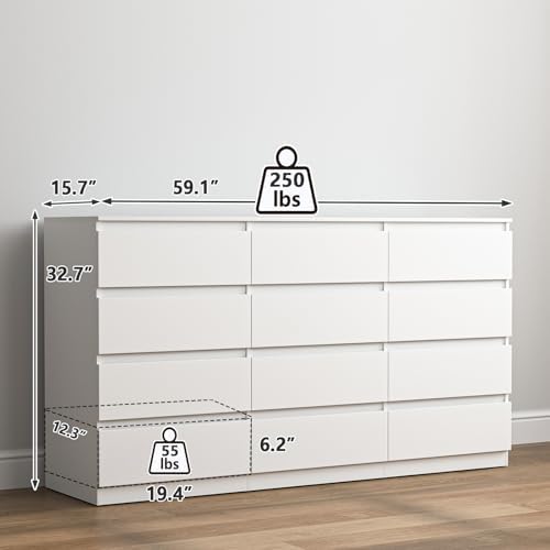 Vibe & Dine 12 Drawer Dresser, 59.1" Large Dresser for Bedroom Free Handle, Modern Wooden Chest of Drawers with Wide Storage for Living Room, White