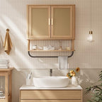 INNOD Rattan Bathroom Wall Cabinet with Towel Bar, Wall-Mounted Medicine Cabinet with Adjustable Wood Shelf & Doors, Over the Toilet Storage Cabinet for Laundry Room & Kitchen & Living Room