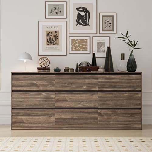 Bobve 70.9” Dresser for Bedroom with 9 Drawers, Large Modern Chest of Drawers Handle Free, Long Wooden Dressers Storage Organizer, Wide Double Dresser for Bedroom, Living Room, Hallway (Walnut)
