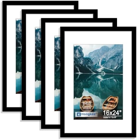 Hongkee 16x24 Frame Set of 4, 16 x 24 Black Wood Style(Mat 12x18)