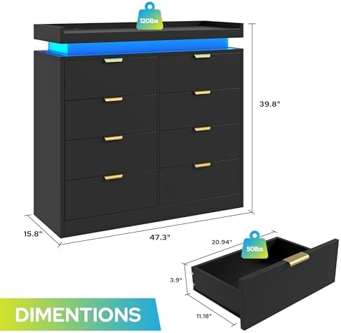 knoworld 8 Drawer Dresser for Bedroom, Black Dresser with LED Lights and Power Outlet, Large Wooden Dressers Modern Chest of Drawers, Double Wide 9 Drawer Dressers for Bedroom, Entryway, Hallway