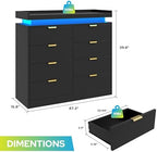 knoworld 8 Drawer Dresser for Bedroom, Black Dresser with LED Lights and Power Outlet, Large Wooden Dressers Modern Chest of Drawers, Double Wide 9 Drawer Dressers for Bedroom, Entryway, Hallway
