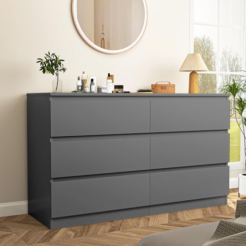 Vibe & Dine Grey Dressers for Bedroom, Double Dresser with 6 Drawers, Modern Chest of Drawers with Wide Storage for Closet, Bedroom, Living Room