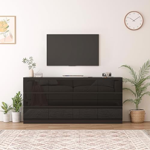 12 Drawers Dresser with Charging Station, Modern Large Dresser with 12 Handle Free Drawers, Wood Storage Chest of Drawers for Bedroom, Living Room, Entryway, Hallway, Black