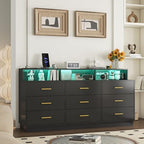 knoworld Black 9 Drawer Dressers for Bedroom, Modern Large Dresser with LED Light and Power Outlet, Wooden Long Dressers, Triple Dresser for Bedroom, Entryway, Hallway