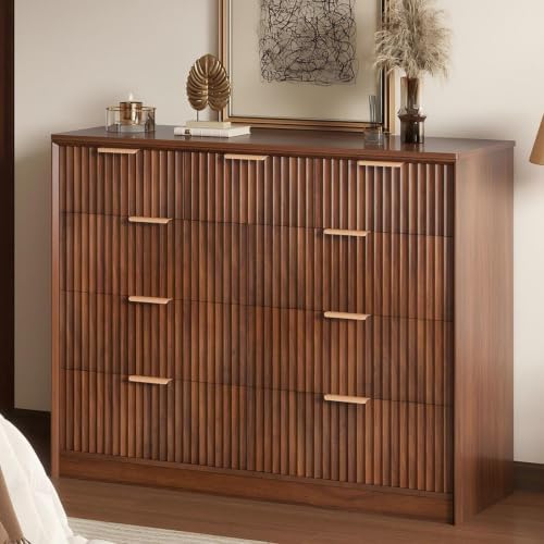 LYNCOHOME Fluted Tall Dresser for Bedroom, 9 Drawer Chest of Drawers,Walnut