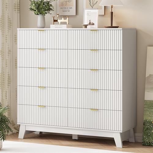 Xixini Fluted Dresser for Bedroom with 10 Drawers, 48" Wide Modern Chest of Drawers with Metal Handle, Wooden Dresser TV Stand, Wood Closet Clothes Storage Organizer for Living Room, Hallway, White